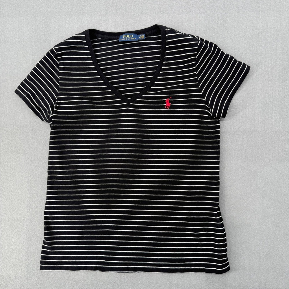 Polo Ralph Lauren Striped Cotton V Neck T Shirt M Black White Preppy Old Money
